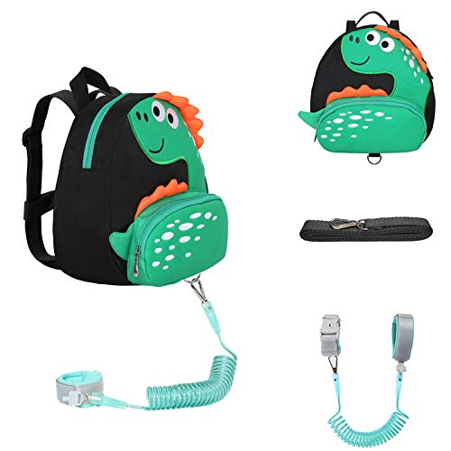 Toddler Kids Little Dinosaur Leash Backpack with Wrist Child Toddlers Safety Walking Wrist Leashes for Kids Girls Boys (Black)