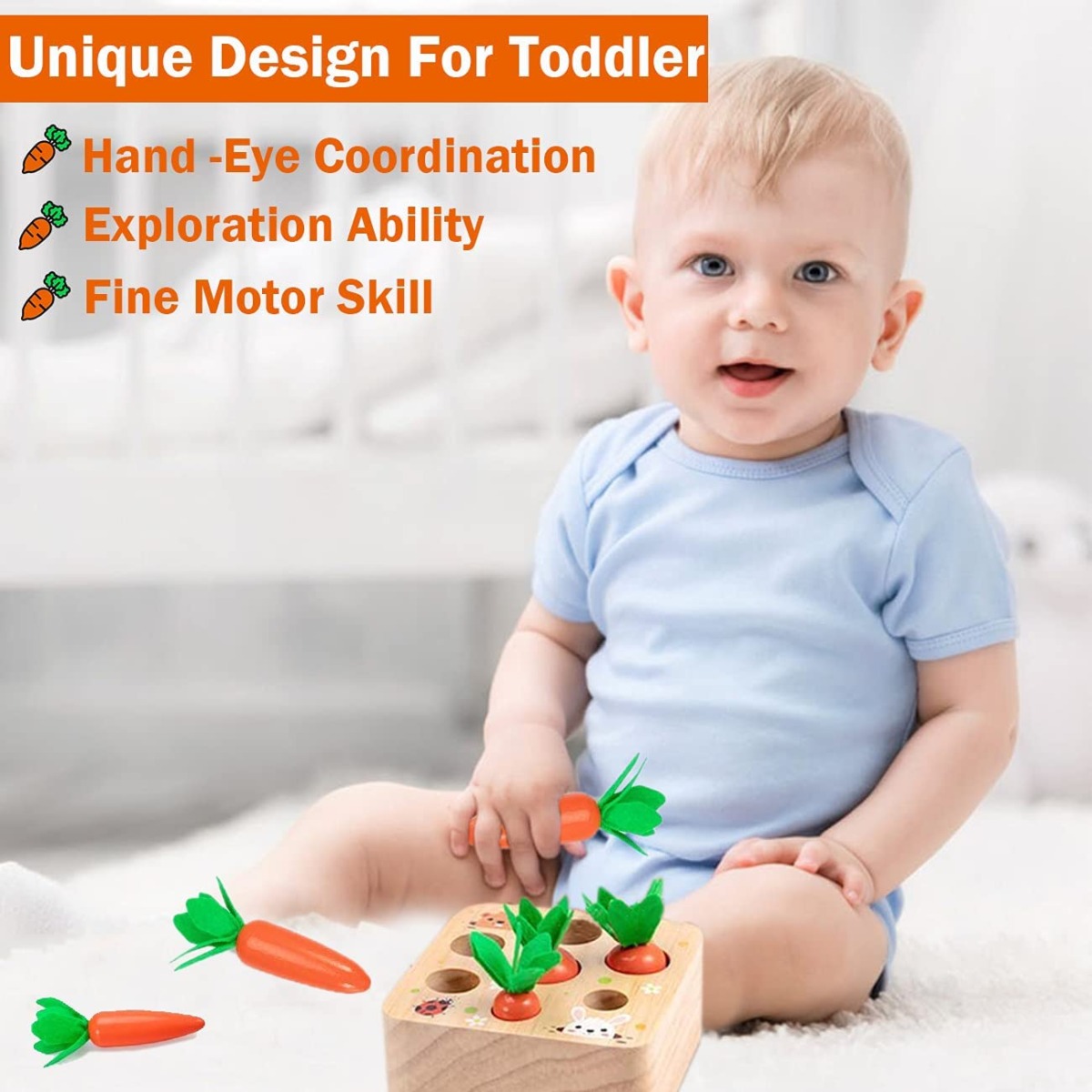 Wooden Montessori Toys for Toddlers 1-3 Years Old, Carrot Toys Shape Size Sorting Game, Baby Easter Toys for Fine Motor Skill, Great Baby Easter Gifts Birthday Gift Toys | The Storepaperoomates Retail Market - Fast Affordable Shopping