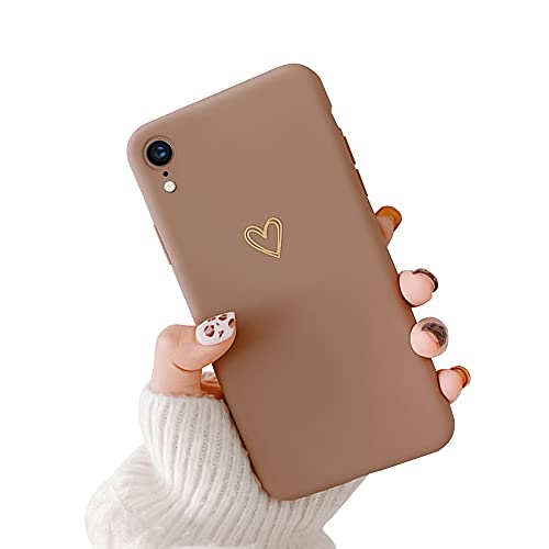 Ownest Compatible with iPhone XR Case for Soft Liquid Silicone Gold Heart Pattern Slim Protective Shockproof Case for Women Girls for iPhone XR-Brown
