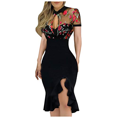 BODOAO Women Slit Ruffles Hem Embroidery Lace Floral Pattern Short Sleeve Slimming Sexy Elegant Casual Party Night Club Dress