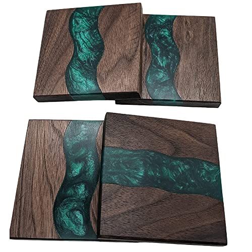Wood Coaster Set for Drinks | Handmade with Dark Walnut & Natural Wood Sealant Finish for Water Resistance, Easy Cleaning & No Stains | Epoxy Resin River (4 Pieces) (Green)