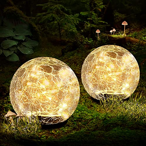 Garden Solar Ball Lights Outdoor Waterproof, 40 LED Cracked Glass Globe Solar Power Ground Lights for Path Yard Patio Lawn, Outdoor Decoration Landscape Warm White(2 Pack 4.7”)