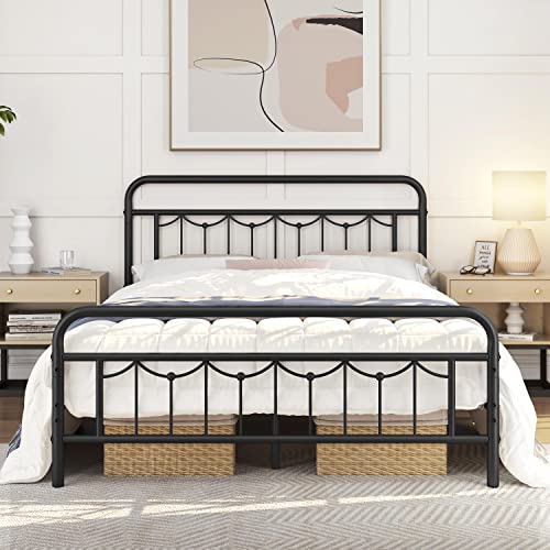 Yaheetech Queen Size Metal Bed Frame with Vintage Headboard and Footboard, Farmhouse Metal Platform Bed, Heavy Duty Steel Slat Support, Ample Under-Bed Storage, No Noise, No Box Spring Needed, Black