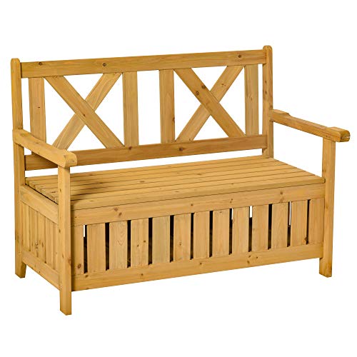 Outsunny 29 Gallon Garden Storage Bench with Wooden Frame, Large Entryway Deck Box w/Unique X-Shape Back, Louvered Side Panels for Patio, Garden, Deck, Porch & Balcony, Yellow