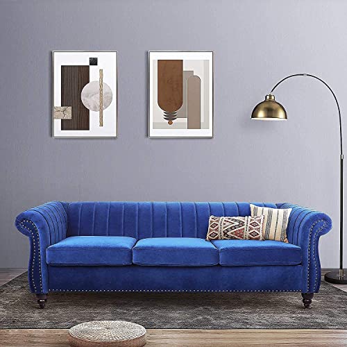 Chesterfield Sofa for Living Room, 3 Seater Velvet Sofa Couch Home Theater Seating Reclining Couch Sofa Upholstered Accent Arm Sofa for Bedroom, Office, Apartment, Living Room (Blue)