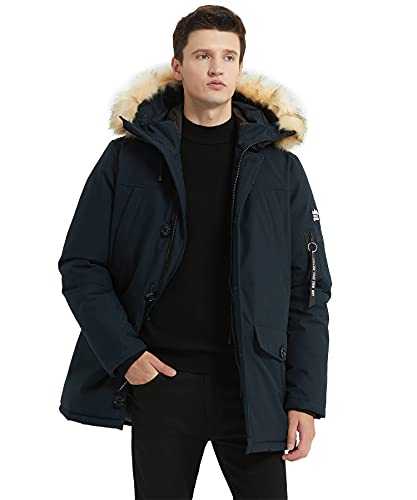 PUREMSX Mens Winter Jacket Extremely Thicken Quilted Fur Hooded Long Anorak Parka Padded Coat Waterproof Windproof Outdoor Hiking Fishing Jacket Gift,Navy,2X-Large