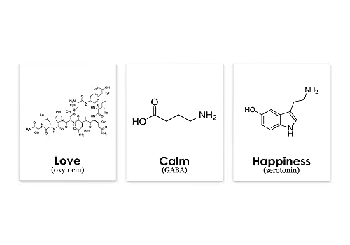 Love Calm and Happiness Wall Art Oxytocin, Serotonin and GABA Molecule, 8×10 Set of 3 Unframed Prints Black on White for Waiting Room, Studio or Bedroom Décor. Ideal For Life Coach, Yogi or Counsellor
