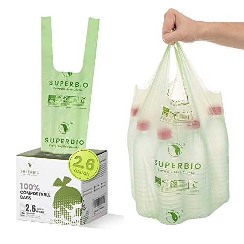 SUPERBIO 2.6 Gallon Compostable Handle Tie Garbage Bags, 100 Count, 1 Pack, Kitchen Trash Bag With Handle, Food Scrap Small Bags Certified by BPI and OK Compost Meeting ASTM D6400 Standards