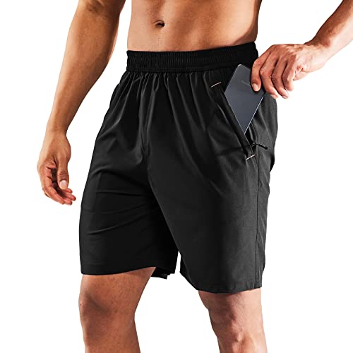 MIER Men’s Quick Dry Running Shorts with Zipper Pocket, Elastic Waist Athletic Workout Exercise Fitness Shorts, 7 Inch, Black, Large