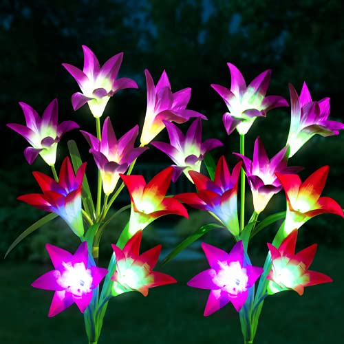 Solar Garden Lights Outdoor Decorative, 4 Pack Solar Flower Lights with 16 Bigger Lily Flower, 7 Colors Changing Outdoor Waterproof Solar LED Flower Light for Christmas Garden, Patio,Yard Decoration