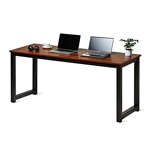USHOW Computer Desk 63″ Modern Simple Style for Home Office Bedroom Black Metal Frame and Large Workstation, Sandalwood Board Black Leg, Dark Rustic,Sandalwood