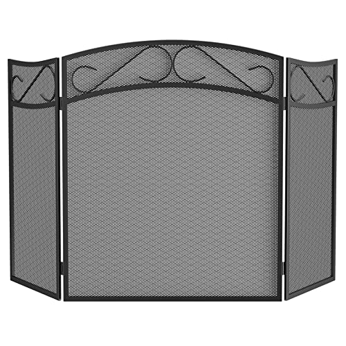 Fire Beauty Fireplace Screen for Wood Burning Fireplace Foldable 3 Panel Wrought Iron Fireplace Cover with Protective Mesh Fire Spark Guard for Indoor Outdoor Flat Guard Fire Screens Black