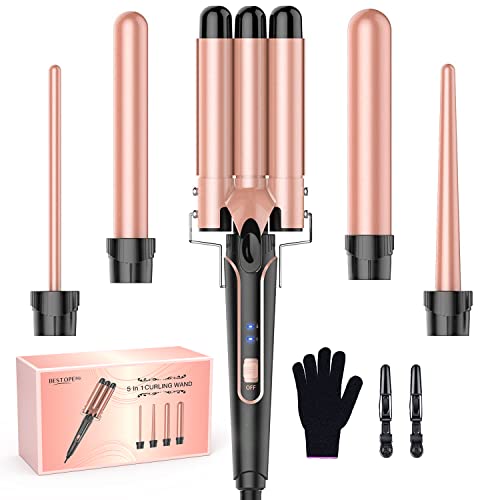 Waver Curling Iron Curling Wand – BESTOPE PRO 5 in 1 Curling Wand Set with 3 Barrel Hair Crimper for Women, Fast Heating Crimper Wand Curler in All Hair Type