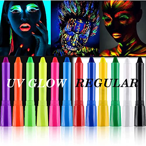 CCbeauty UV Glow Black Lights face Body Paint Sticks12 Colors (6 Glow+6 Classic) Luminous Neon Body Painting Crayons Non-Toxic Fluorescent for Halloween Costume Masquerades Club Makeup