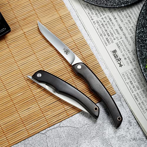 MITSUMOTO SAKARI 3.5” Japanese Hand Forged Paring Knife, Professional Small Kitchen Fruit Knife, AUS-8 Stainless Steel Folding Pocket Steak Knife