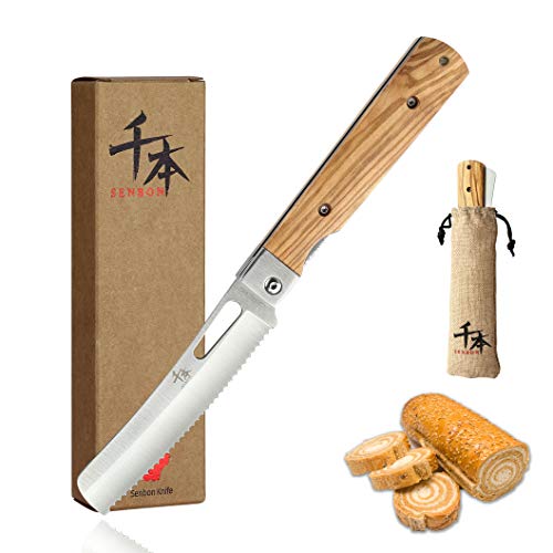 SENBON 440A stainless steel pocket folding Japanese Bread knife Natural Olive Handle Camping trip Outdoor Portable Serrated knife