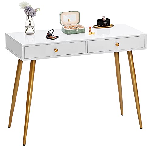 GreenForest Vanity Desk with Glossy Top 39inch White Desk with Gold Legs 2 Drawers Makeup Dressing Table for Women Girls Best Gift Computer Writing Desk for Home Office …