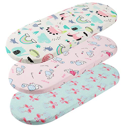 Tontukatu Bassinet Sheet Set 3 Pack Jersey Knit Ultra Soft Flexible Breathable Baby Girl Boy Fit for Halo, MiClassic, Chicco Lullago Mattress and More Flamingo Elephant Horse Lt Green Pink