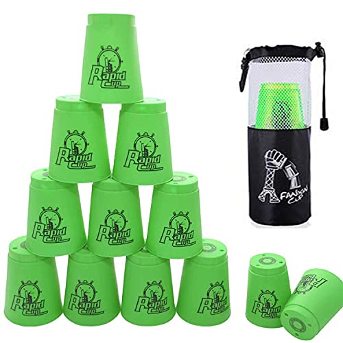 12 Pack Quick Stack Cups Set Plastic Sports Stacking Cups Speed Training Game for Travel Party Challenge Competition with Carry Bag (Green)