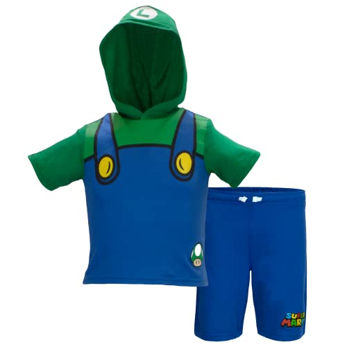 Nintendo Characters Boys Super Mario & Luigi Character Lightweight Short Sleeve Hoodie T-Shirt & Shorts Athleisure Short Set (Green, 5/6)