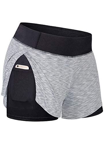 LASLULU Workout Yoga Shorts for Women High Waist Tummy Control Fitness Running Shorts Layer Athletic Biker Sports Shorts with Pockets(Grey-Large)