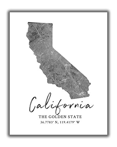 California State Map Wall Art Print – 8×10 Silhouette Decor Print with Coordinates. Makes a Great CA-Themed Gift. Shades of Grey, Black & White.