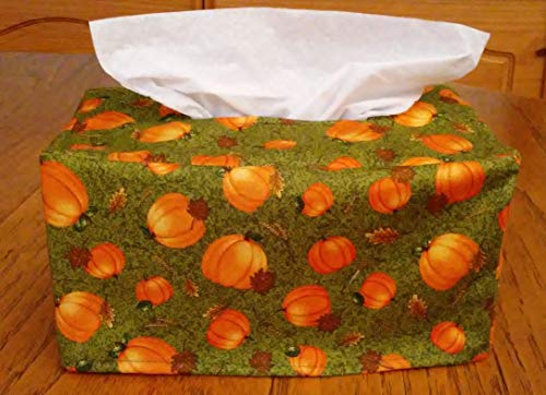 Tissue Box Cover, Rectangle, Pumpkins And Leaves on Green Fabric Tissue Box Cover, Handmade, Free Shipping