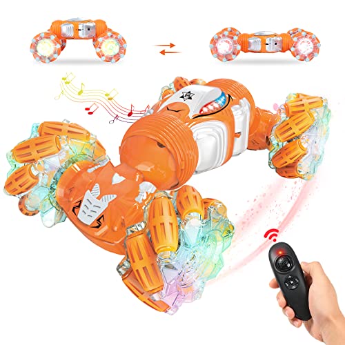 GILI Gesture Sensing Rc Stunt Car with Gravity Sensor, 2.4GHZ,4WD Double Sided Hobby RC Crawlers with Music&Lights for Boys 6-12 Gift Vehicle for 6, 7, 8, 9, 10, 11, 12 Kids Orange