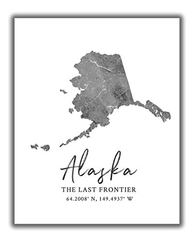 Alaska State Map Wall Art Print – 8×10 Silhouette Decor Print with Coordinates. Makes a Great Alaska-Themed Gift. Shades of Grey, Black & White.