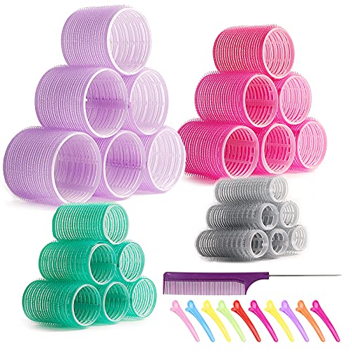 Self Grip Hair Rollers Set, Jumbo Size Hair Curlers, Salon Hair Dressing Curlers, Self Holding Rollers for DIY or Hair Salon Curlers for Hair Styling, 4 Sizes 24 Pack (Multicolor)