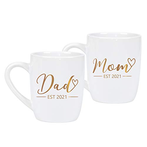 Mom and Dad Mug Set Est 2021, New Mom and Dad Gifts, New Parents Gifts, Mom and Dad Gift Set for New and Expecting Parents to Be, New Pregnancy Announcement Gifts, Gold Printed 12Oz White