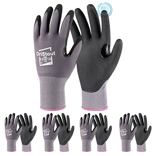 OriStout Work Gloves with MicroFoam Nitrile Coating and Reinforced Thumb, 4 Pairs, Good Grip in Conditions Like Construction, Mechanic, Warehouse, Small