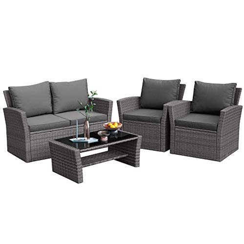 RELAX4LIFE 4 PCS Wicker Patio Furniture Set with Soft Cushions & Tempered Glass Table Outdoor Rattan Sofa Set for Backyard Garden Balcony Poolside Sectional Conversation Couch Set (Gray)