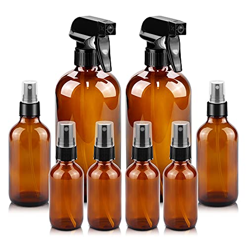 Worldgsb Glass Spray Bottles, 16oz*2+4oz*2+2oz*4 Refillable Containers, Empty Boston Round Bottles with Adjustable Nozzle for Cleaning, Gardening, Aromatherapy, Pets, Plant, Hair -Amber