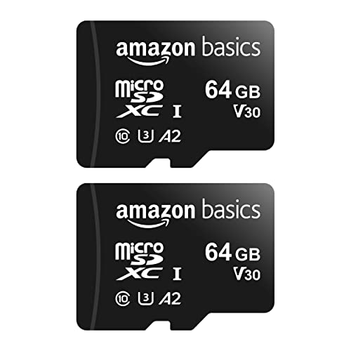 Amazon Basics microSDXC Memory Card with Full Size Adapter, A2, U3, Read Speed up to 100 MB/s, 64 GB – Pack of 2