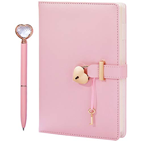 JEWPHX Heart Shaped Lock Diary with Key&Heart Diamond Pen,PU Leather Cover,A5,Journal Secret Notebook Gift for Women Girls (A5(8.5″*5.7″), Pink)