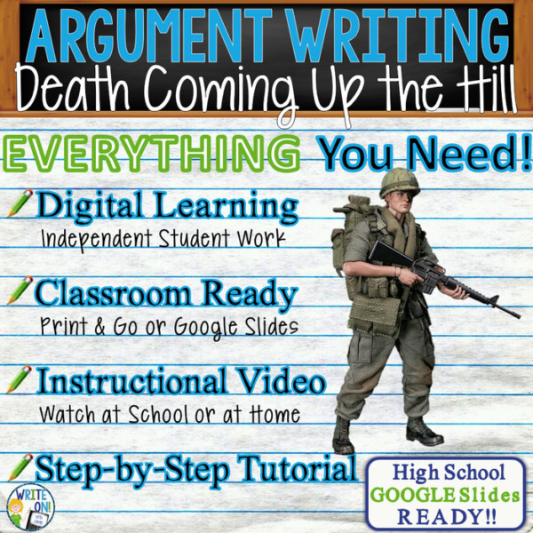 Text Dependent Analysis Argumentative Writing for Death Coming Up the Hil by Chris Crowe Distance Learning, In Class, Instructional Video, PPT, Worksheets, Rubric, Graphic Organizer, Google Slides
