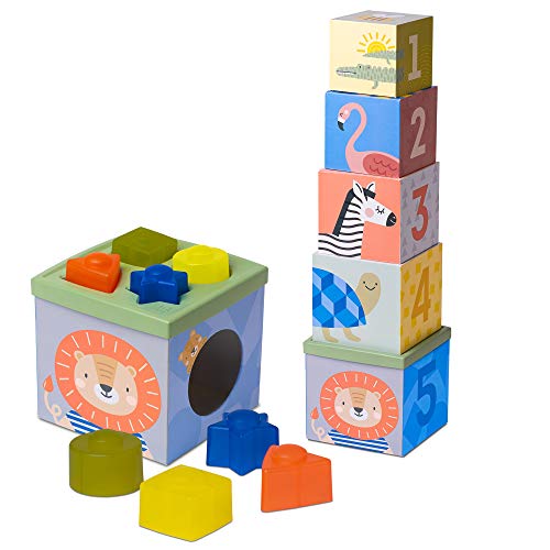 Taf Toys Savannah Sort & Stack for Infants & Toddlers, Perfect for Stacking, Nesting, Sorting, Counting & Learning Colors & Shapes. Educational Toy for 12 Months & up, Includes 5 Boxes & 8 Shapes