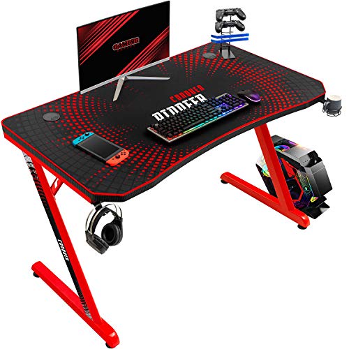 Devoko Gaming Desk Computer Gaming Desk Z-Shaped Pc Gaming Desk with Carben Fiber Surface Gamer Desk with Free Mouse Pad Home Office Desk with Cup Holder and Headphone Hook (44 inch, Red)