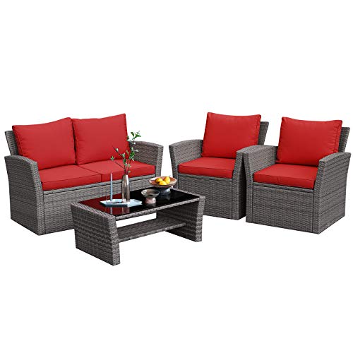 RELAX4LIFE 4 PCS Wicker Patio Furniture Set with Soft Cushions & Tempered Glass Table Outdoor Rattan Sofa Set for Backyard Garden Balcony Poolside Sectional Conversation Couch Set (Red)