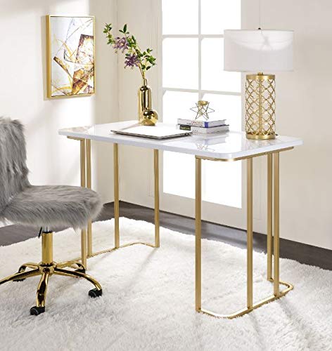 Knocbel Contemporary Computer Desk Home Office Workstation Writing Table with Metal Tube Base, 48″ L x 24″ W x 31″ H (White and Gold)