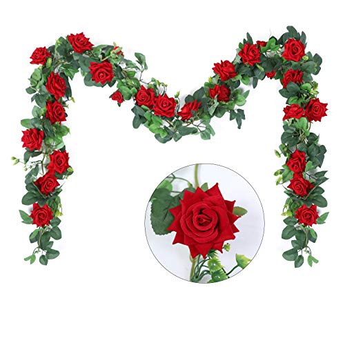 Hobyhoon Artificial Rose Vines Flowers Garland 5.6ft Silk Velvet Rose Vines Fake Hanging Rose Ivy Plant for Wedding Party Home Wall Garden Decorations (Red-3pcs)