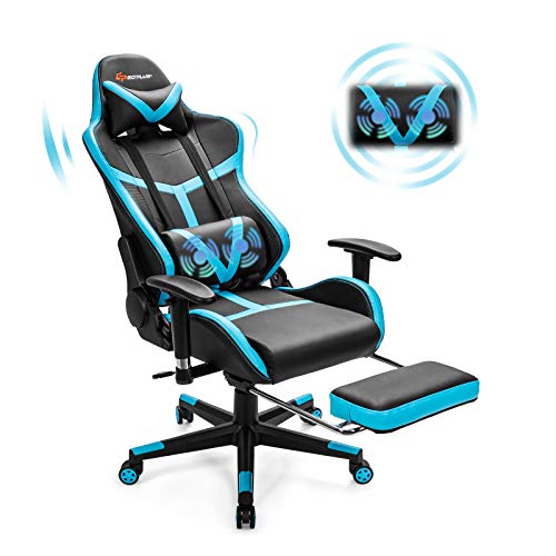 Goplus Gaming Chair, Massage Office Chair Computer Gaming Racing Chair, High Back PU Leather Adjustable Ergonomic Reclining PC Game Chair, Rolling Swivel Executive Chair with Footrest (Blue)