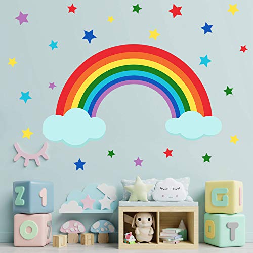 4 Sheets Colorful Rainbow and Clouds Stars Wall Decals, DILIBRA Peel and Stick Waterproof Removable DIY Art Wall Stickers for Kids Nursery Bedroom Living Room Wall Decor 41.3 x29.5inch