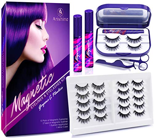 Arishine 3D 5D Magnetic Eyelashes with Eyeliner Kit, 10-Pair Reusable Fluffy Magnetic Lashes, 2 Pair Natural magnetic Eyelashes with 2 Tubes of Magnetic Eyeliner with Scissors Tweezers & Mirror Case