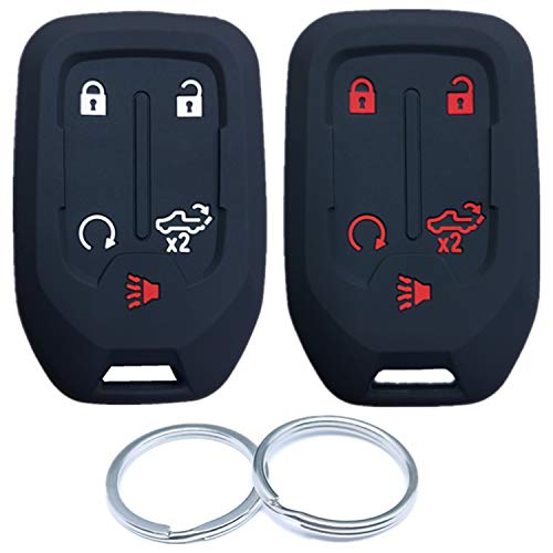 RUNZUIE 2Pcs 5 Buttons Silicone Smart Key Fob Remote Cover Shell Compatible with 2021 2020 2019 GMC Sierra 1500 2500HD 3500HD Chevy Silverado 1500 2500HD 3500HD Black Black with Red