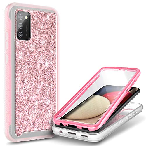 NZND Case for Samsung Galaxy A02S with [Built-in Screen Protector], Full-Body Shockproof Protective Rugged Bumper Cover, Impact Resist Durable Phone Case (Glitter Rose Gold)