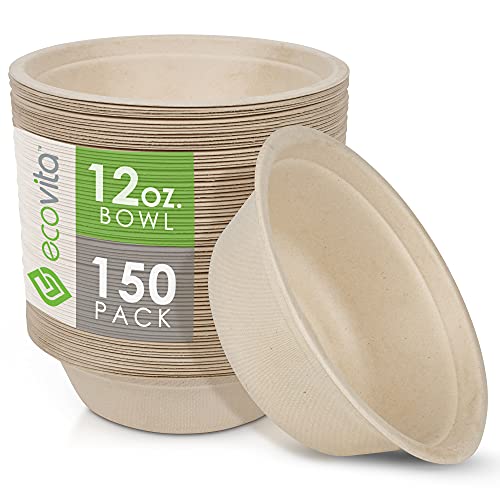Ecovita 100% Compostable Paper Bowls [12 oz.] – 150 Disposable Bowls Eco Friendly Sturdy Tree Free Liquid and Heat Resistant Alternative to Plastic or Paper Bowls