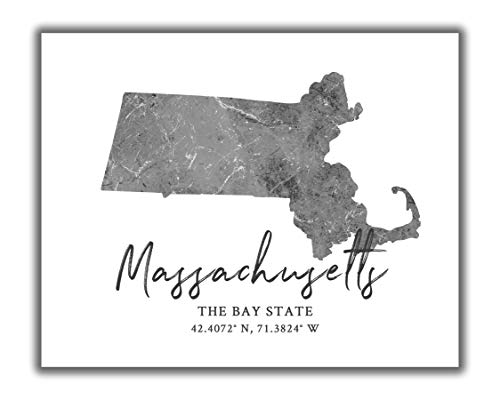 Massachusetts State Map Wall Art Print – 8×10 Silhouette Decor Print with Coordinates. Makes a Great Bay State-Themed Gift. Shades of Grey, Black & White.