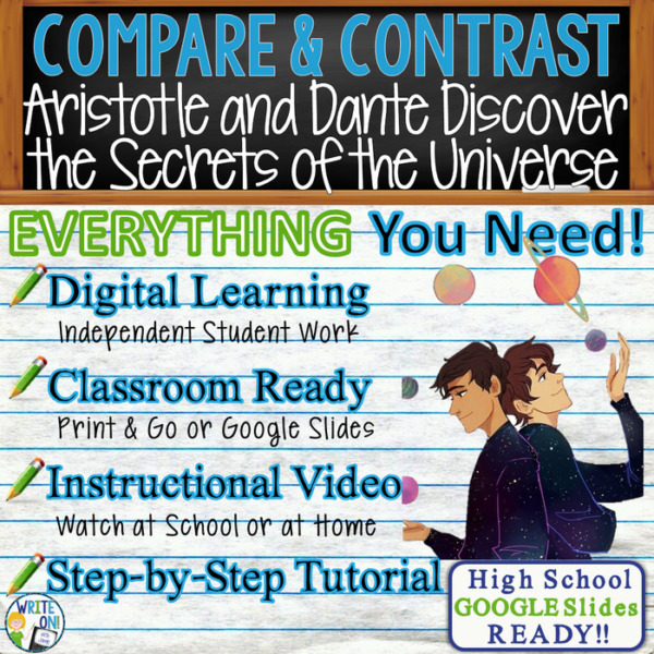 Text Analysis Compare Contrast Writing Aristotle and Dante Discover the Secrets of the Universe Distance Learning, In Class, Instructional Video, PPT Worksheets Rubric Graphic Organizer, Google Slides